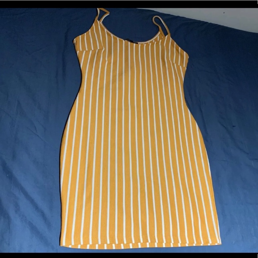White and mustard striped dress *no checks*
